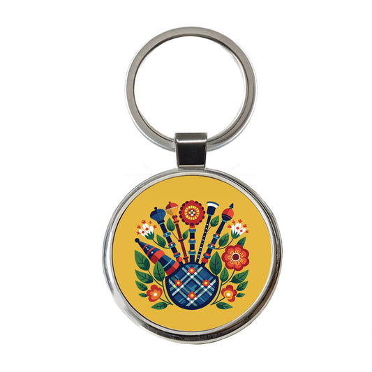 Bagpipes Music Floral Motif Round Metal Keychain