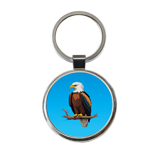 Bald Eagle on Branch Round Metal Keychain