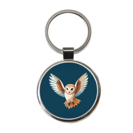 Barn Owl Bird Flying Round Metal Keychain