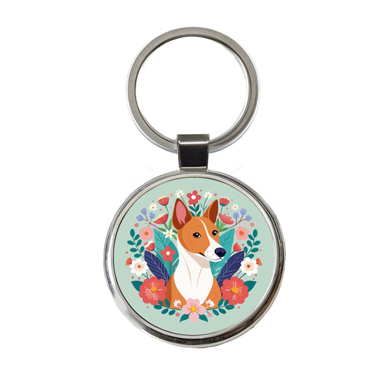 Basenji Dog Floral Flowers Round Metal Keychain