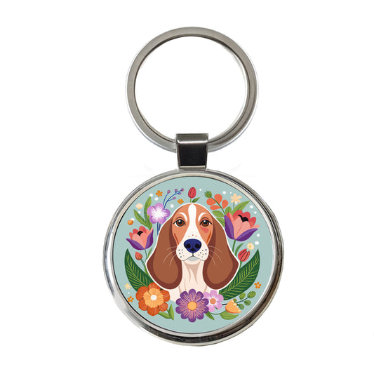 Basset Hound Dog Floral Flowers Round Metal Keychain