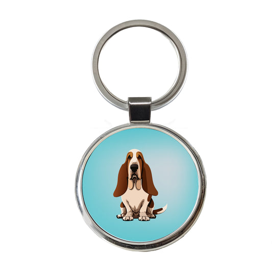 Basset Hound Dog Sitting Round Metal Keychain