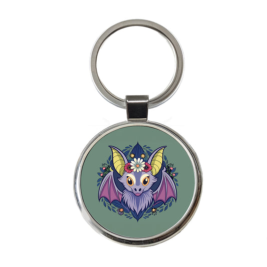 Bat Floral Flowers Halloween Round Metal Keychain