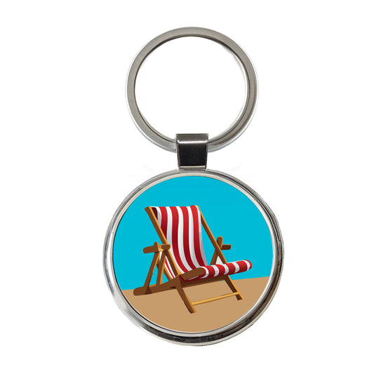 Beach Chair Red White Stripe Vacation Round Metal Keychain