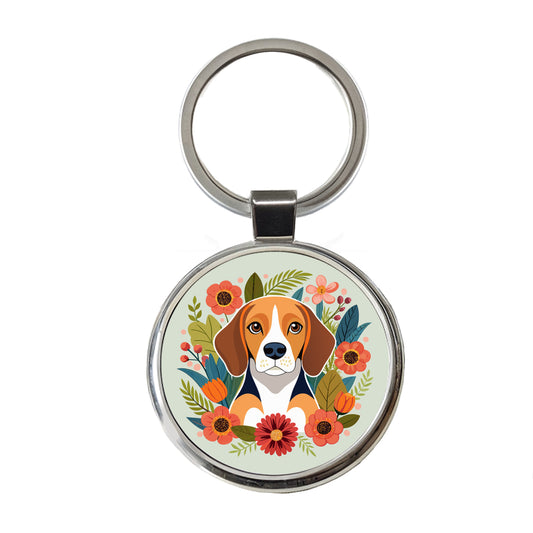 Beagle Dog Floral Flowers Round Metal Keychain