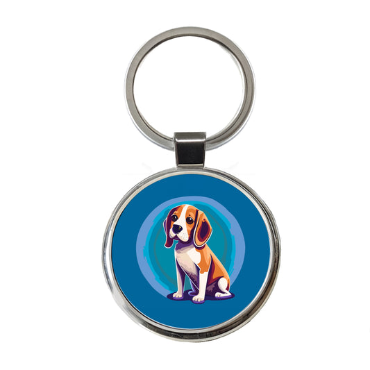 Beagle Dog Sitting Round Metal Keychain