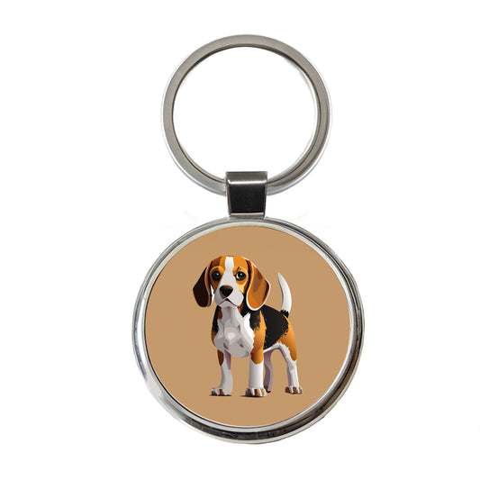 Beagle Dog Standing Round Metal Keychain