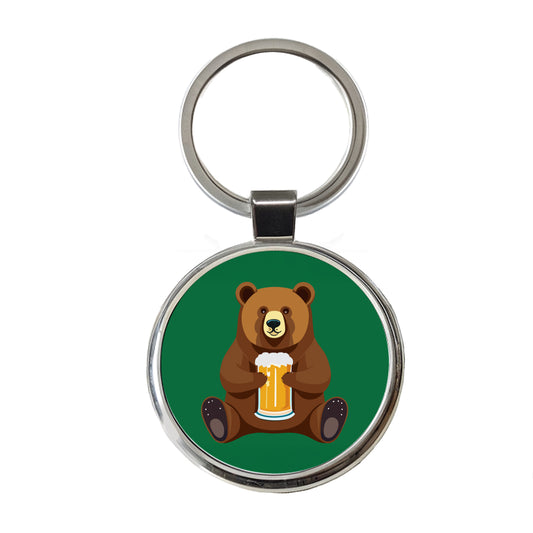 Bear Drinking Beer Sitting Funny Round Metal Keychain