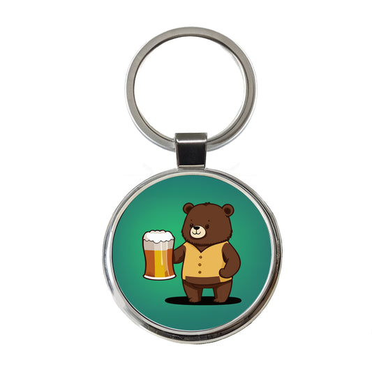 Bear Drinking Beer Standing Funny Round Metal Keychain