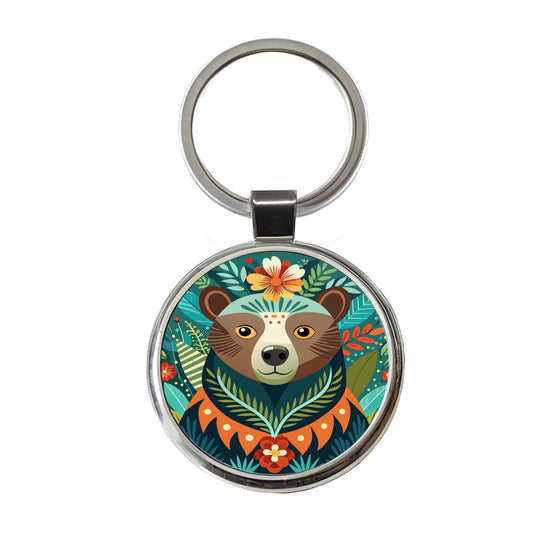 Bear Floral Flowers Round Metal Keychain