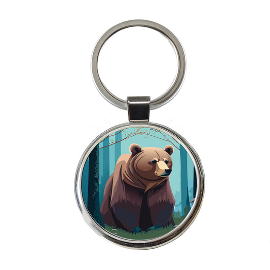 Bear in Forest Woodland Wilderness Round Metal Keychain