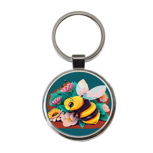 Bee and Flowers Floral Round Metal Keychain