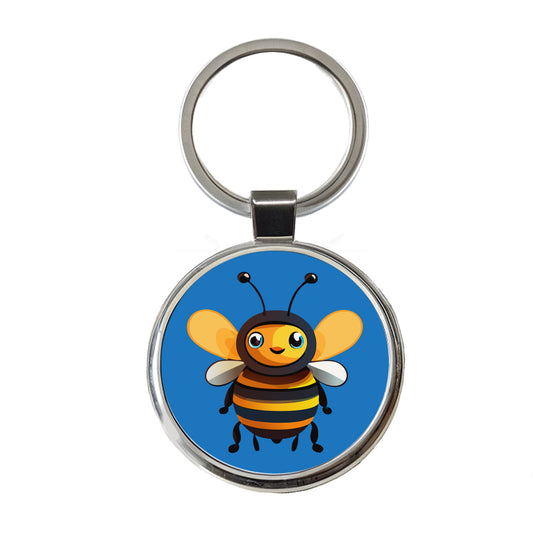 Bee Happy Smiling Round Metal Keychain