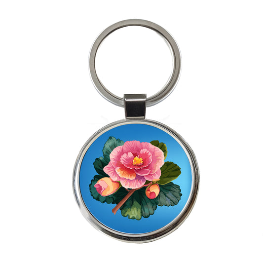 Begonia Flower Watercolor Round Metal Keychain