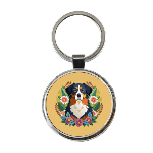 Bernese Mountain Dog Floral Flowers Round Metal Keychain