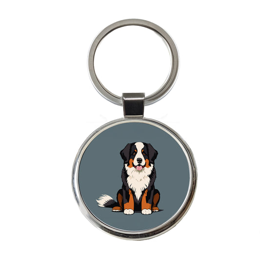 Bernese Mountain Dog Sitting Round Metal Keychain