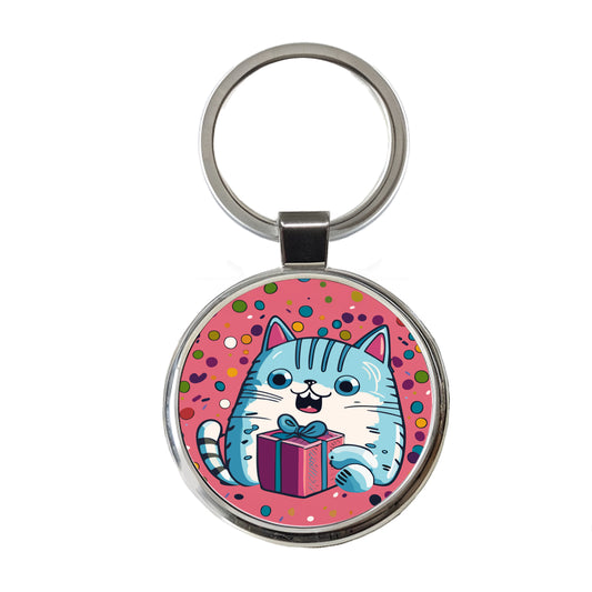Birthday Cat Blue Funny Round Metal Keychain