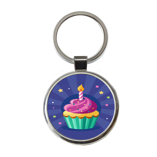Birthday Cupcake with Candle Round Metal Keychain