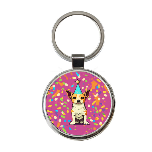 Birthday Dog Confetti Background Round Metal Keychain