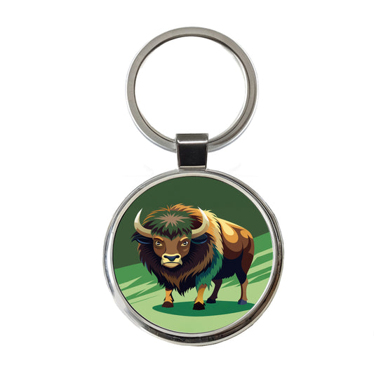 Bison Staring Round Metal Keychain