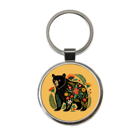 Black Bear Floral Motif Round Metal Keychain