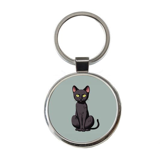 Black Bombay Cat Sitting Round Metal Keychain