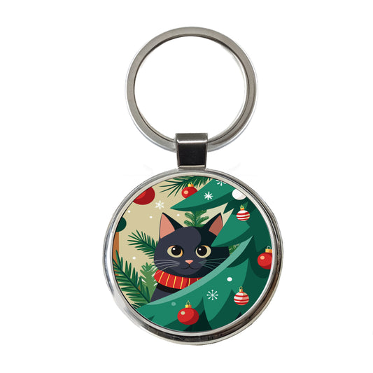 Black Cat Hiding in Christmas Tree Round Metal Keychain