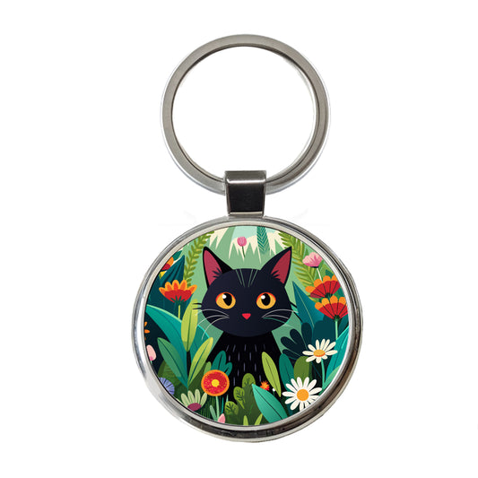 Black Cat Hiding in Flower Garden Round Metal Keychain