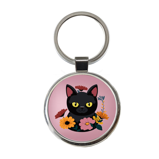 Black Cat in Flowers Round Metal Keychain