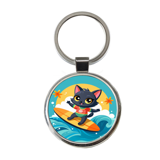 Black Cat Kitty Girl Surfing Round Metal Keychain