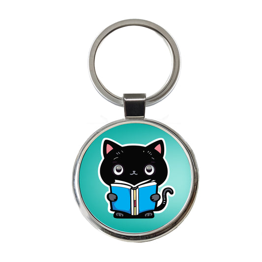 Black Cat Reading Book Round Metal Keychain