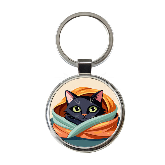 Black Cat Snuggling in Blanket Round Metal Keychain