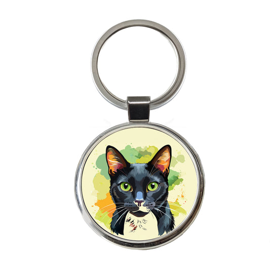 Black Cat Watercolor Round Metal Keychain