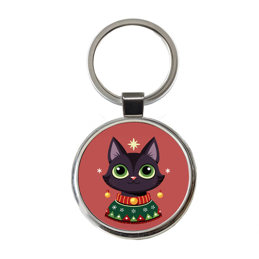 Black Cat Wearing Christmas Sweater Round Metal Keychain