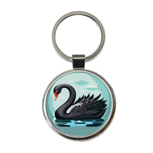 Black Swan Swimming Round Metal Keychain