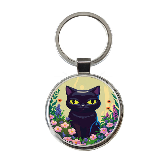 Black White Cat in Flower Garden Round Metal Keychain