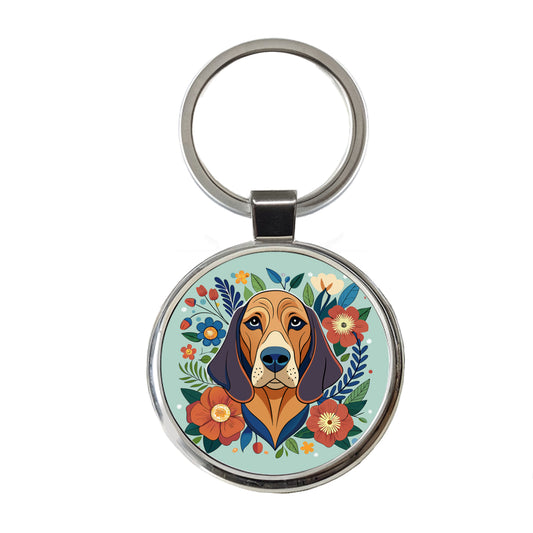 Bloodhound Dog Floral Flowers Round Metal Keychain