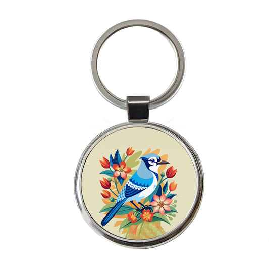 Blue Jay Floral Flowers Round Metal Keychain