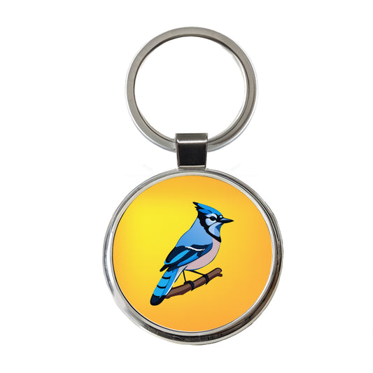 Blue Jay on Branch Round Metal Keychain