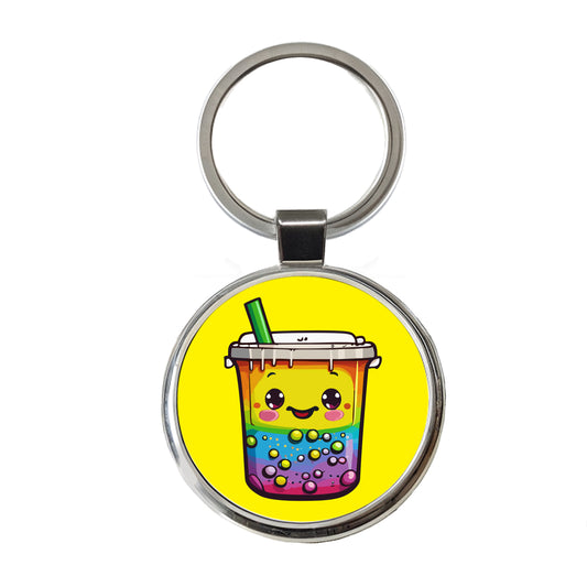 Boba Bubble Tea Rainbow Cute Round Metal Keychain