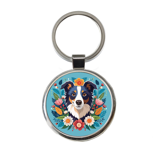 Border Collie Dog Floral Flowers Round Metal Keychain