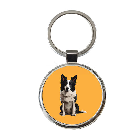 Border Collie Sitting Round Metal Keychain