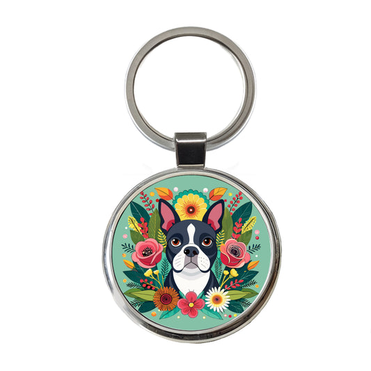 Boston Terrier Dog Floral Flowers Round Metal Keychain
