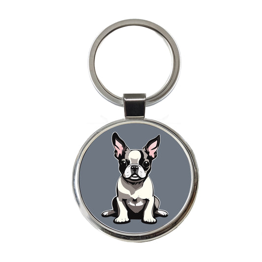 Boston Terrier Dog Sitting Round Metal Keychain