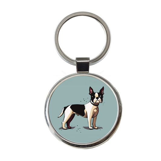 Boston Terrier Dog Standing Round Metal Keychain