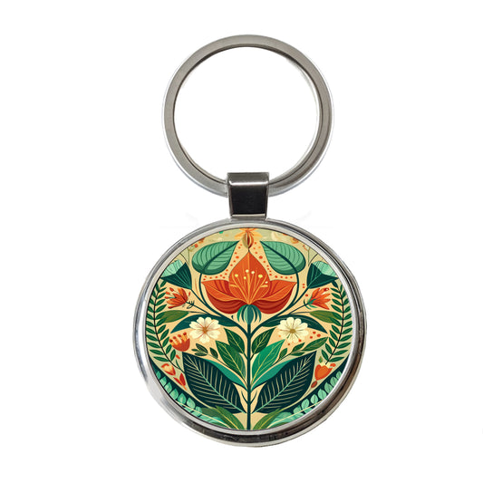 Botanical Floral Art Nouveau Design Round Metal Keychain