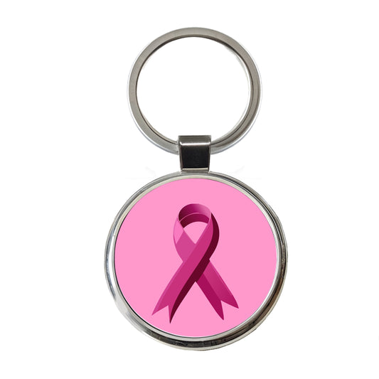 Breast Cancer Awareness Ribbon Pink Round Metal Keychain