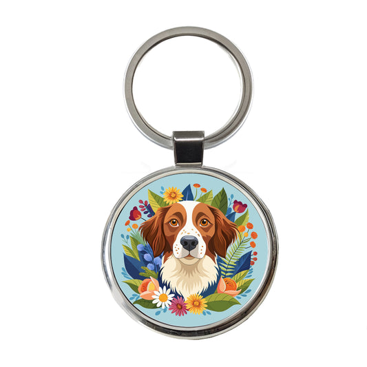 Brittany Spaniel Dog Floral Flowers Round Metal Keychain