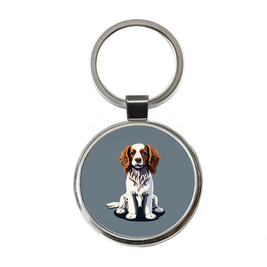 Brittany Spaniel Dog Sitting Round Metal Keychain