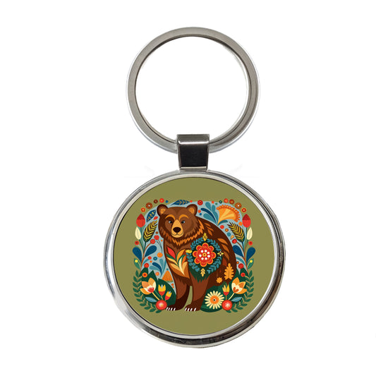 Brown Bear Floral Motif Round Metal Keychain